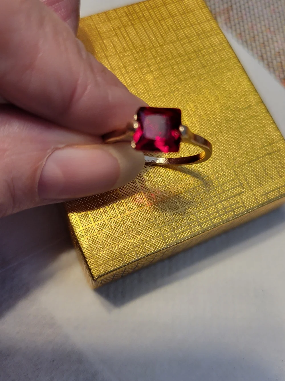 Goldtone  Ring with Red Square Gemstone